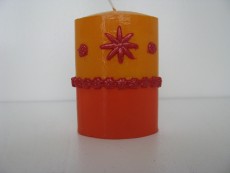 Kerze | Orange - Gelb mit roten Blüten und Blumen